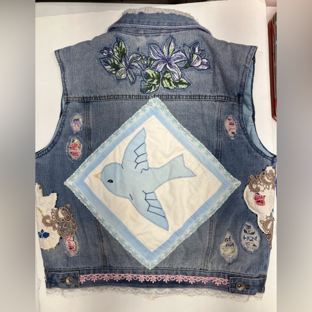 Women’s Upcycled Hand Stitched Denim Vest, Medium, Floral/Lace/Embellished